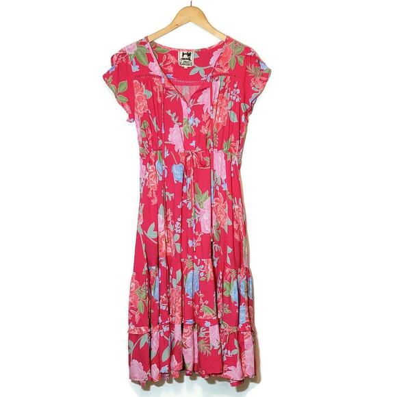 JAASE Floral Midi Dress Short Sleeve Tie Waist Flowy Red Boho Casual Summer XS - Picture 16 of 16